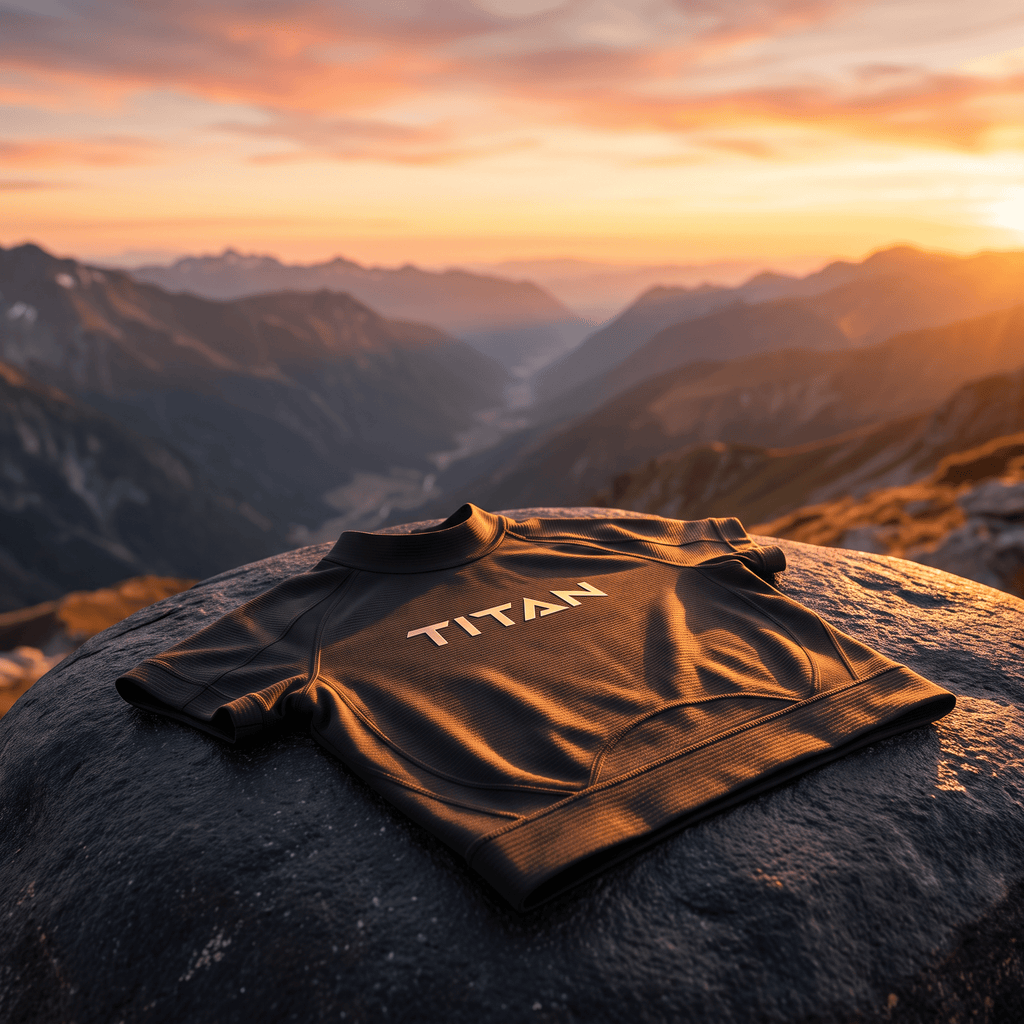 Black textured athletic short-sleeve shirt with "TITAN" logo on a mountain rock at sunset.