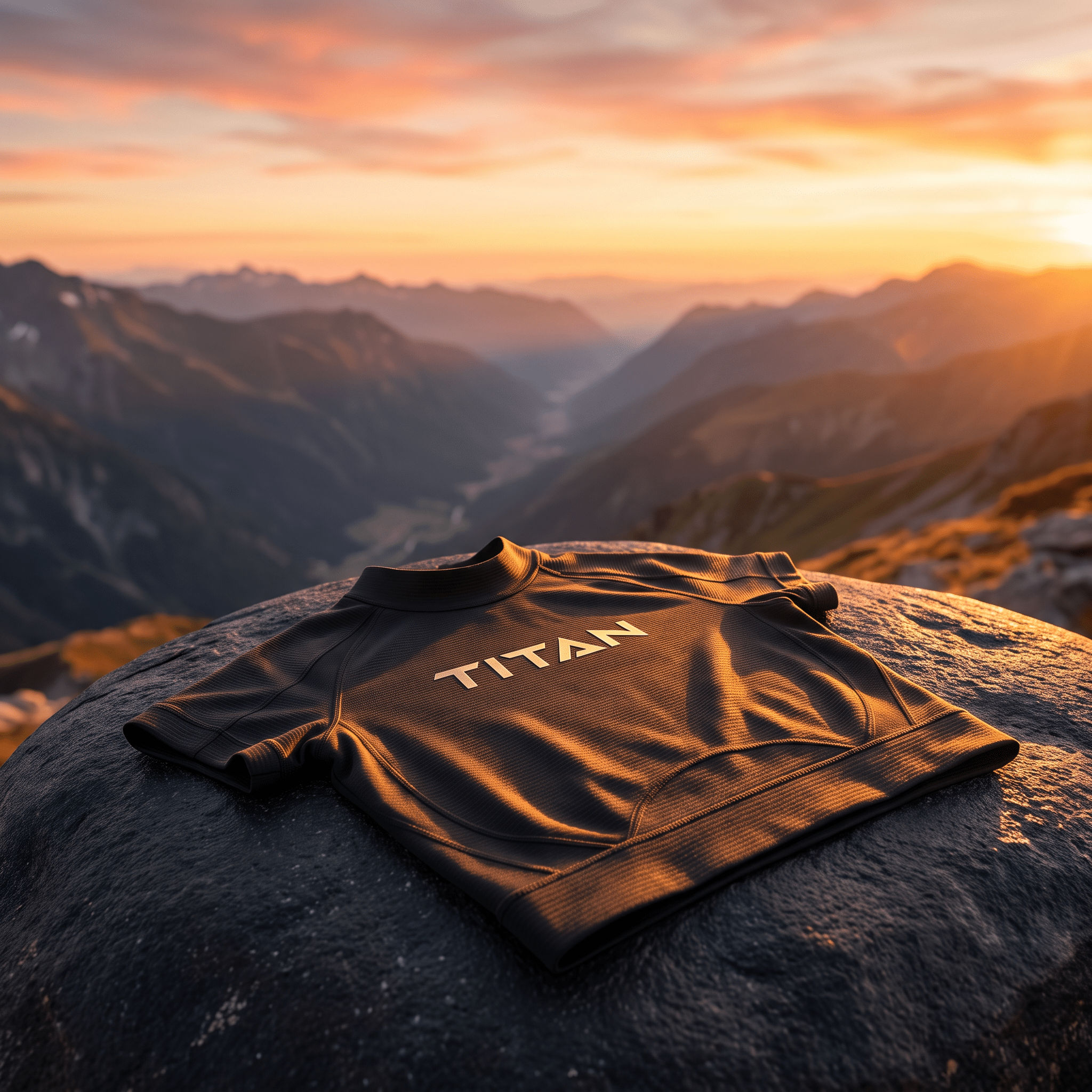 Black textured athletic short-sleeve shirt with "TITAN" logo on a mountain rock at sunset.