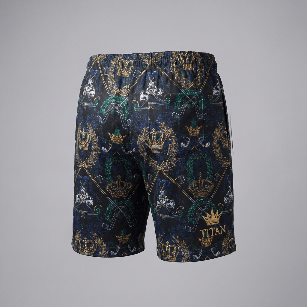 Black shorts with blue, green, and gold royal crown and golf club print, seen from the back.