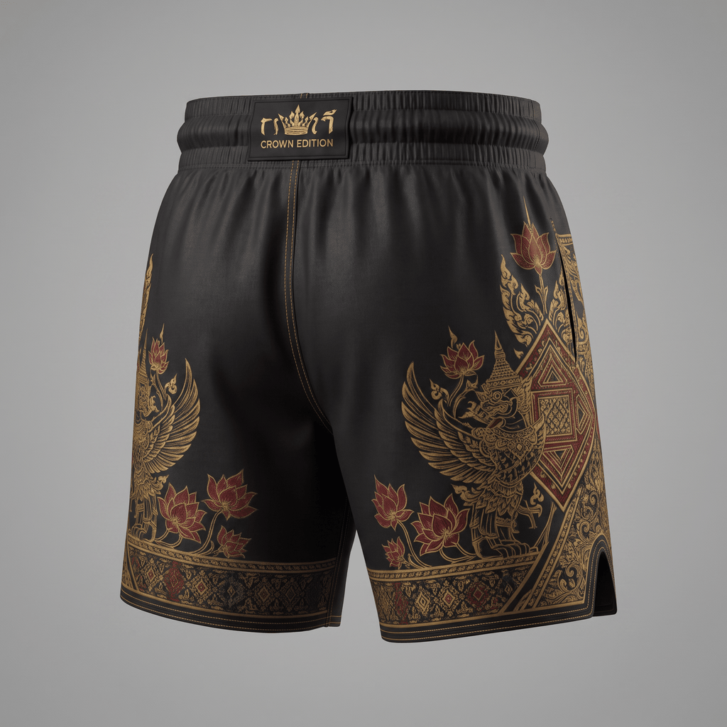 Black Muay Thai shorts with gold and red traditional Thai patterns and Crown Edition waistband.