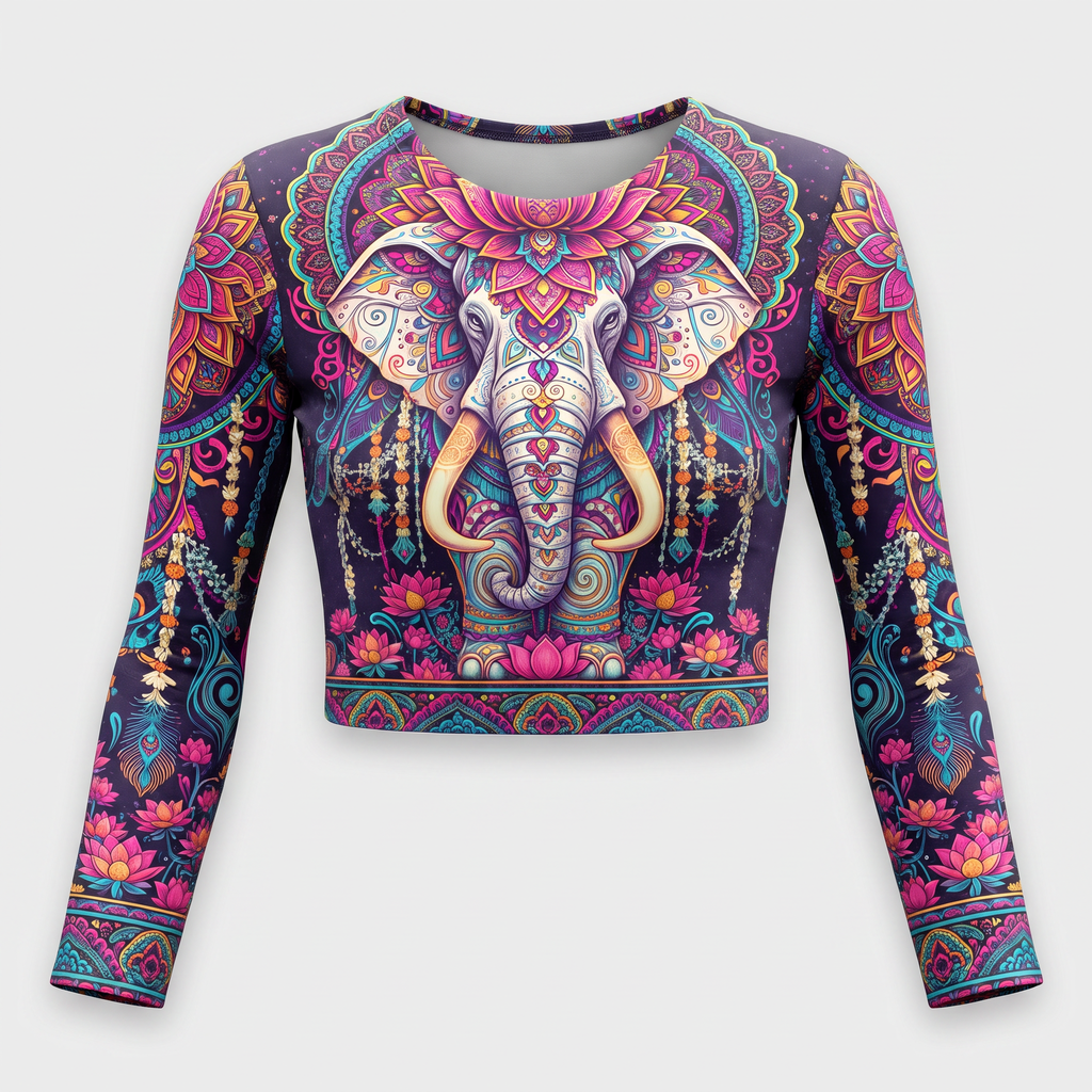 Long-sleeve crop top featuring a colorful bohemian elephant and lotus flower mandala design in purple and pink.