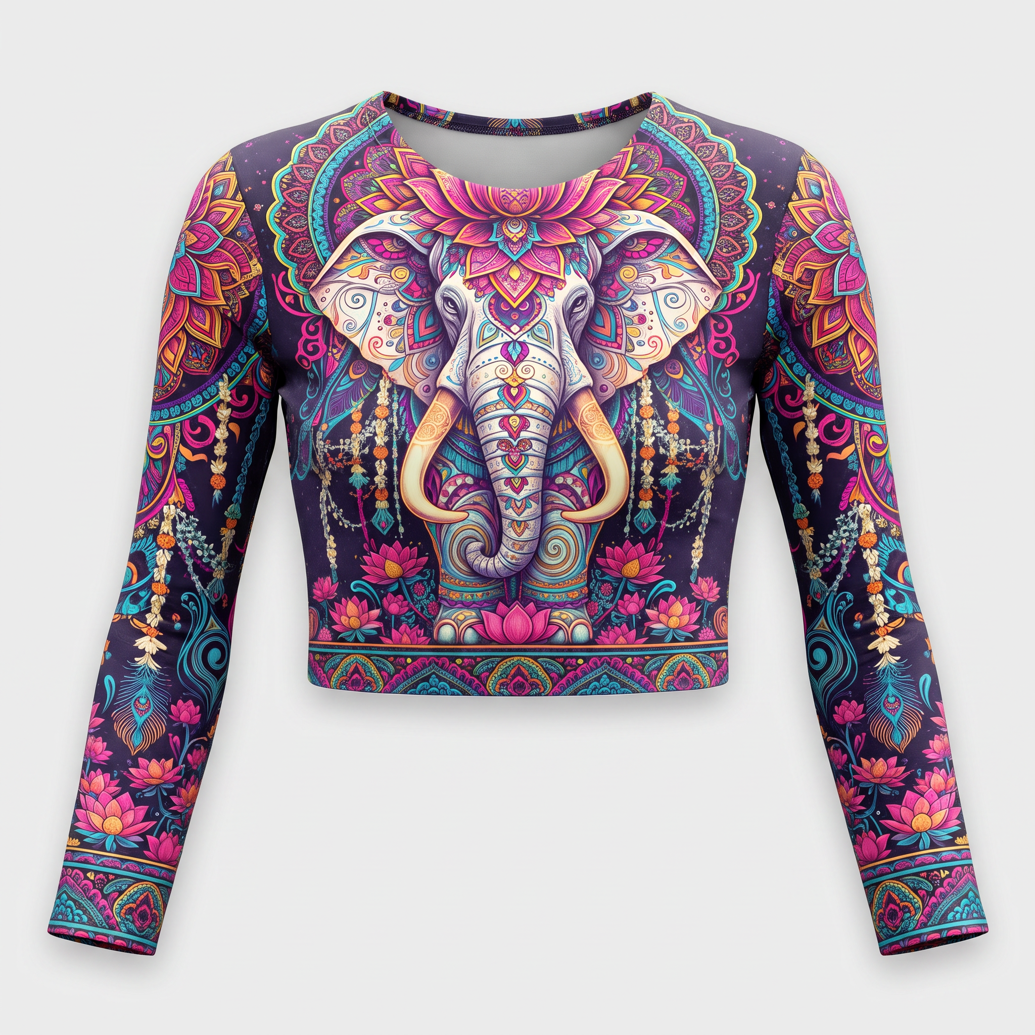 Long-sleeve crop top featuring a colorful bohemian elephant and lotus flower mandala design in purple and pink.