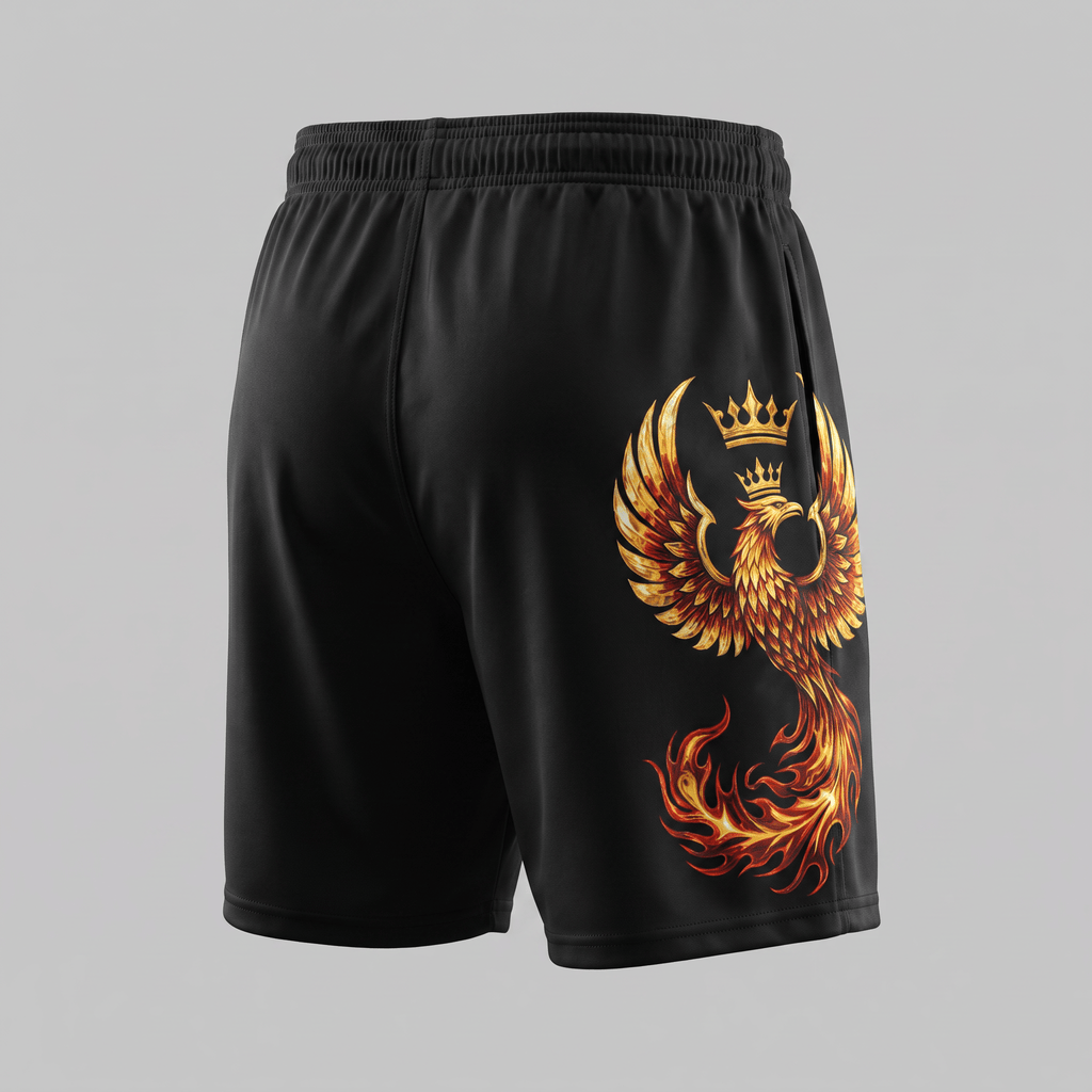 Rear view of black athletic shorts featuring a gold crowned phoenix graphic on the right leg.