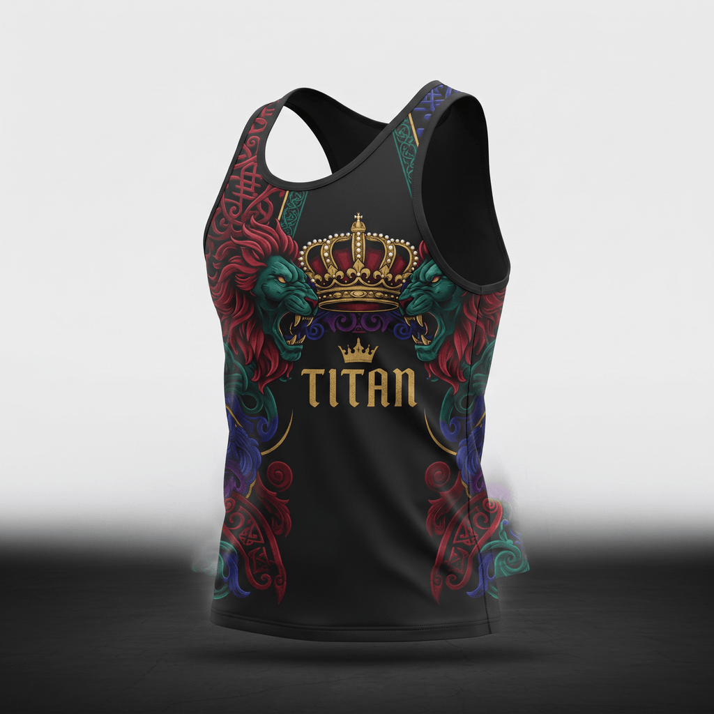 Black tank top with a colorful lion and crown graphic, featuring the text Titan in gold.