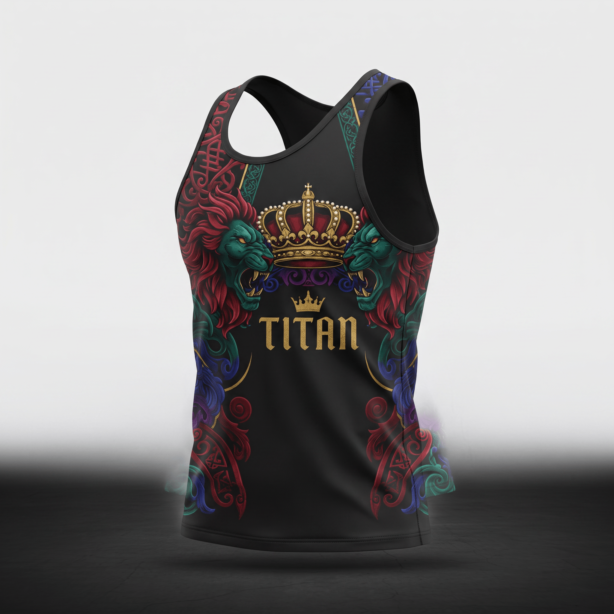 Black tank top with a colorful lion and crown graphic, featuring the text Titan in gold.