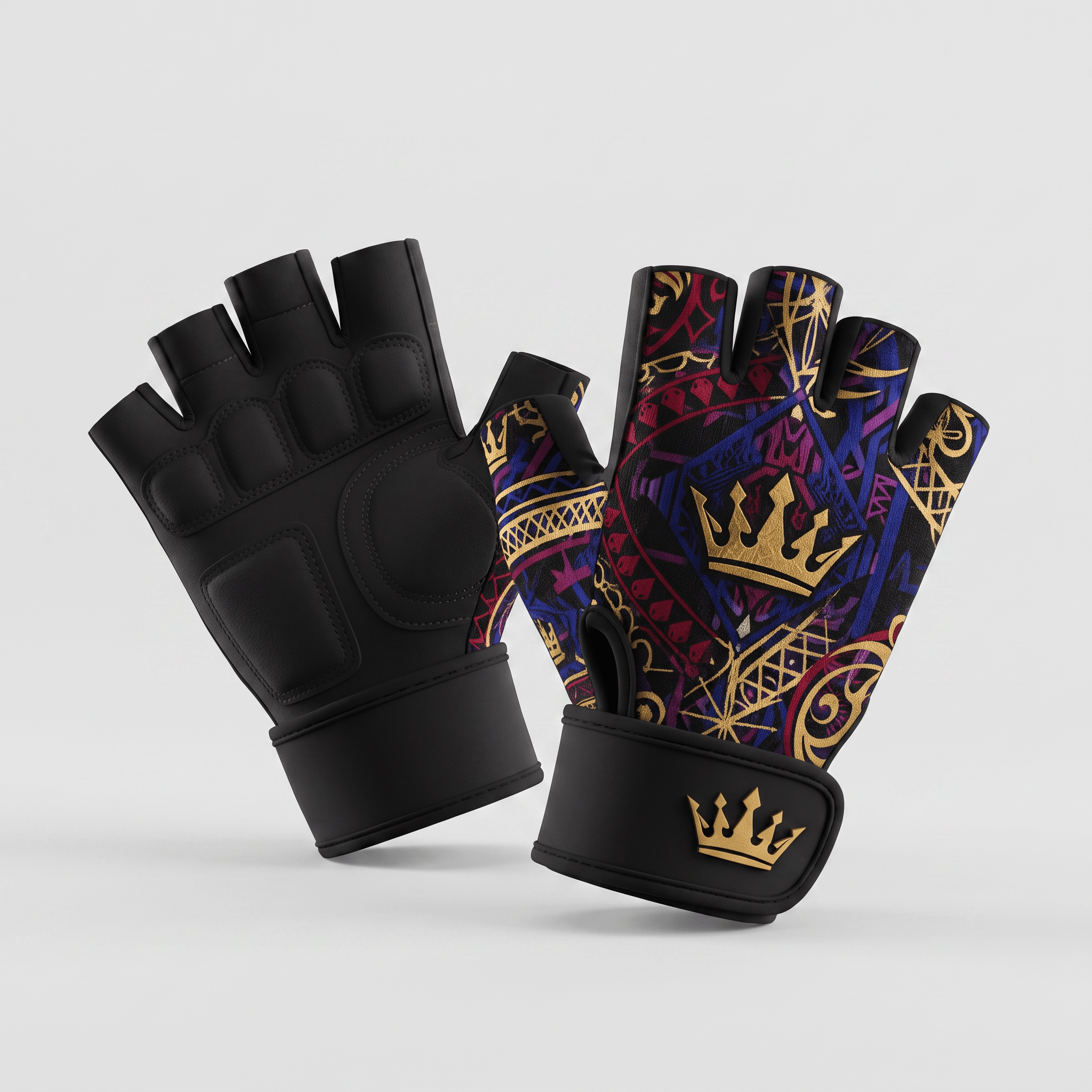 Pair of black open-palm fighting gloves with a colorful tribal pattern and gold crown graphics.