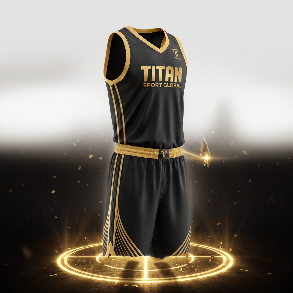 Black and gold Titan Sport Global basketball jersey and shorts set on a glowing platform.