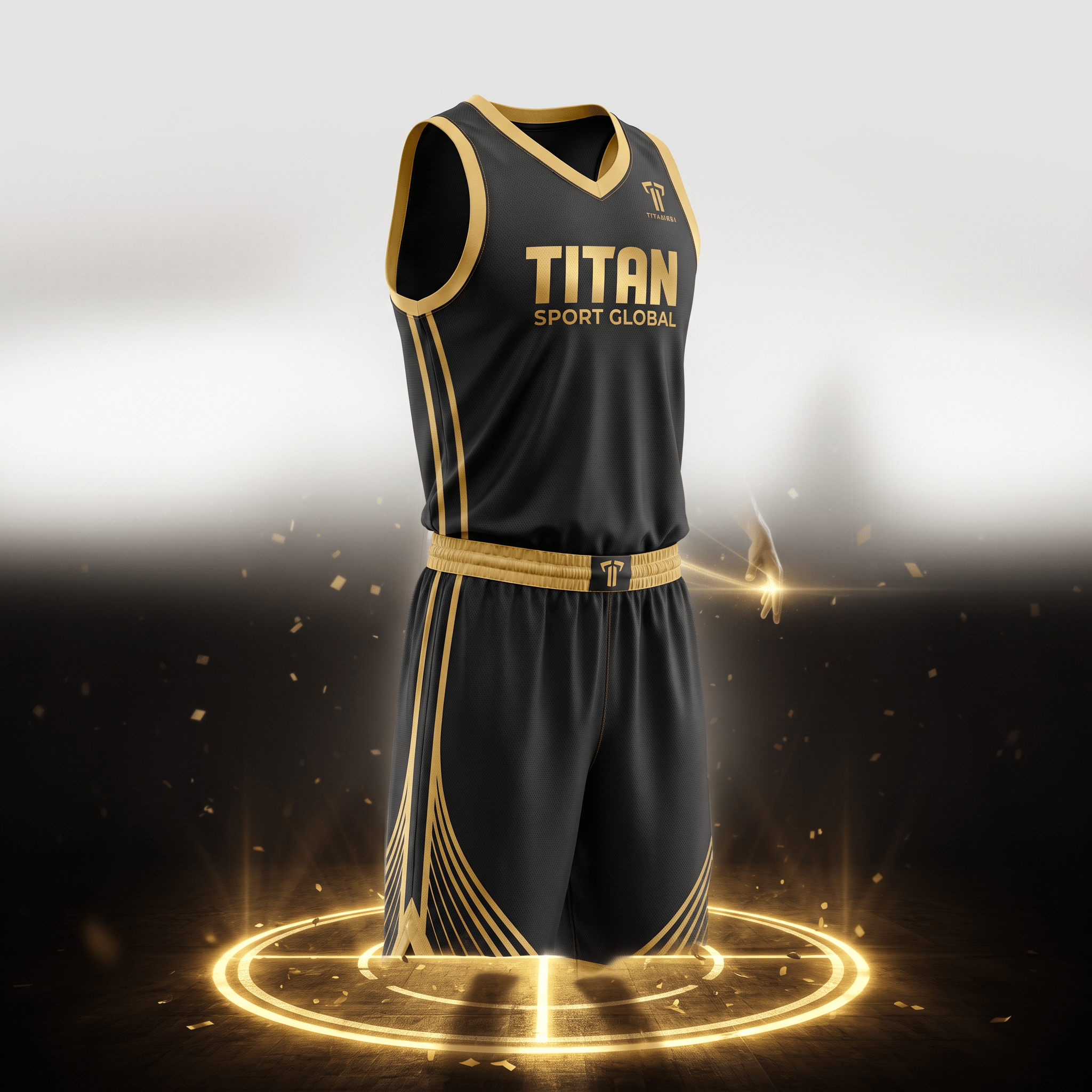 Black and gold Titan Sport Global basketball jersey and shorts set on a glowing platform.