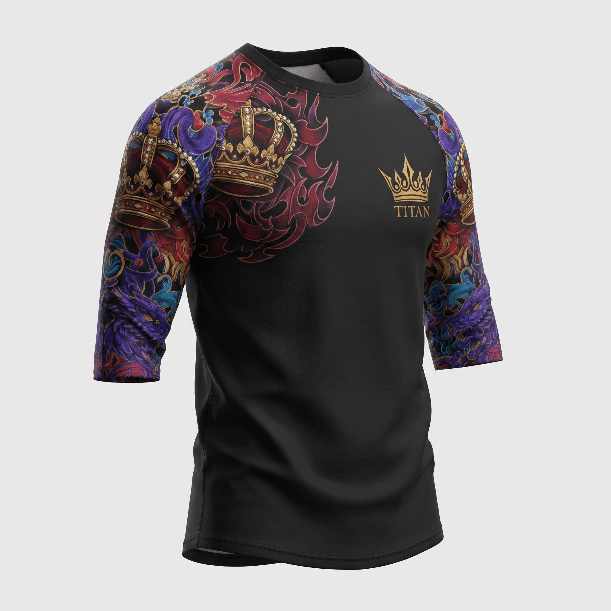 Black raglan t-shirt with three-quarter sleeves featuring a vibrant red, blue, and gold crown tattoo design.