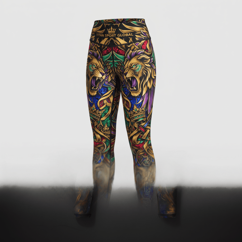 Titan Sport Global athletic leggings featuring colorful stained glass lion and crown print against a dark backdrop.