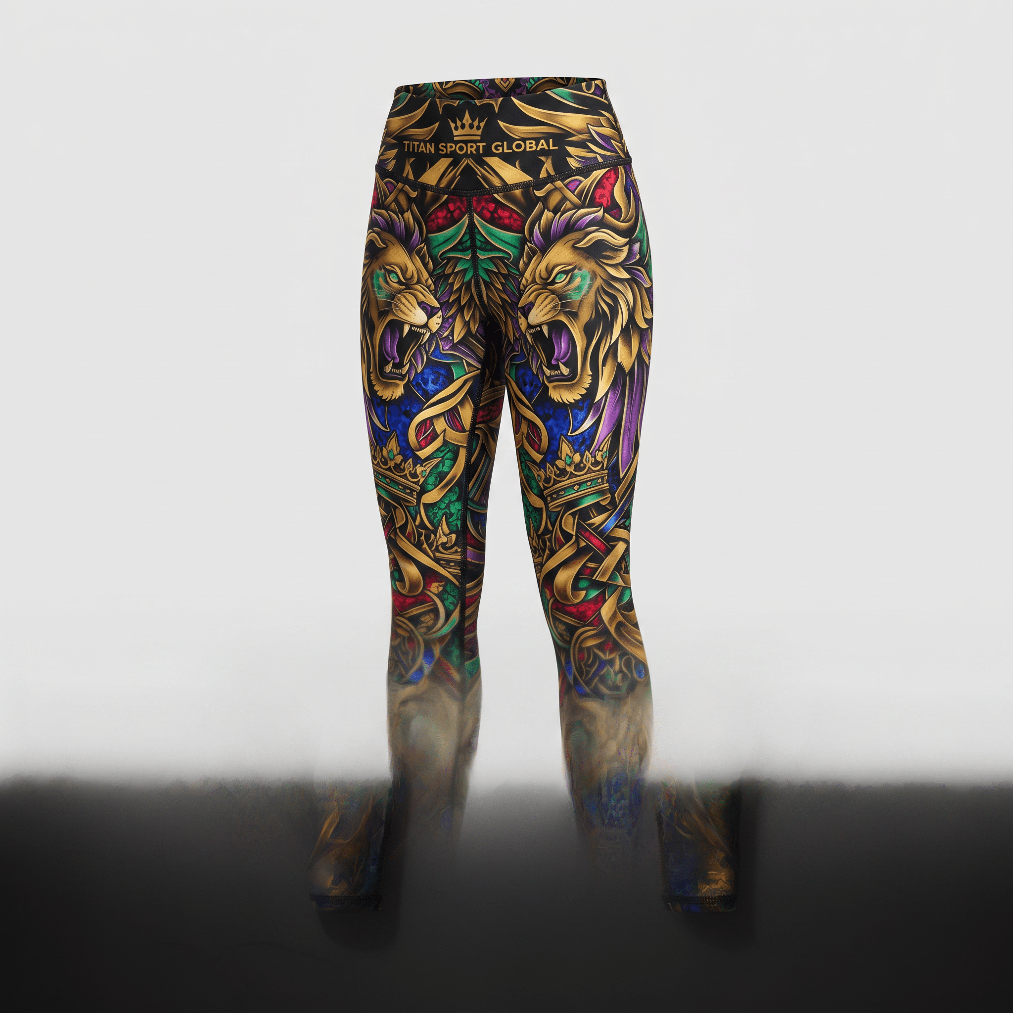 High-waisted athletic leggings with colorful stained glass lion and crown print against a black backdrop.