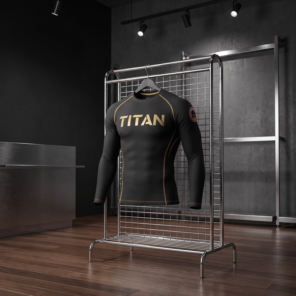 Black long-sleeve compression shirt with gold "TITAN" logo and trim, hanging on a metal rack in a modern retail space.