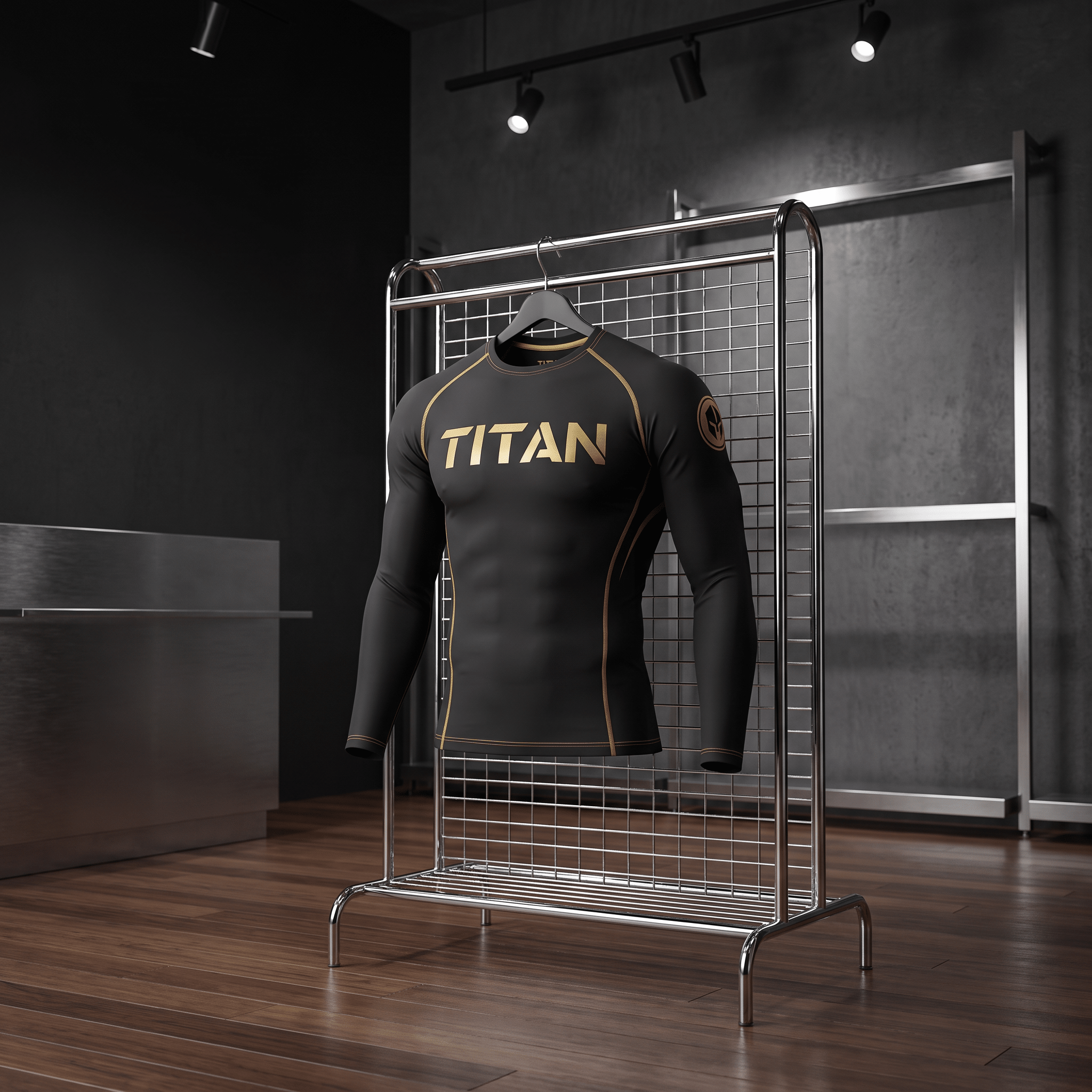 Black long-sleeve compression shirt with gold "TITAN" logo and trim, hanging on a metal rack in a modern retail space.