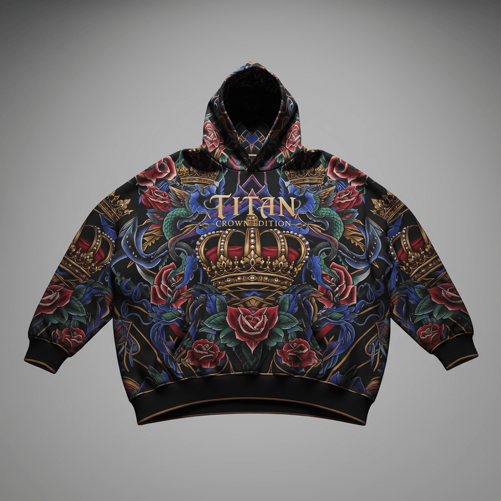 Black hoodie with ornate baroque style crown and rose graphic print and Titan text logo on front.