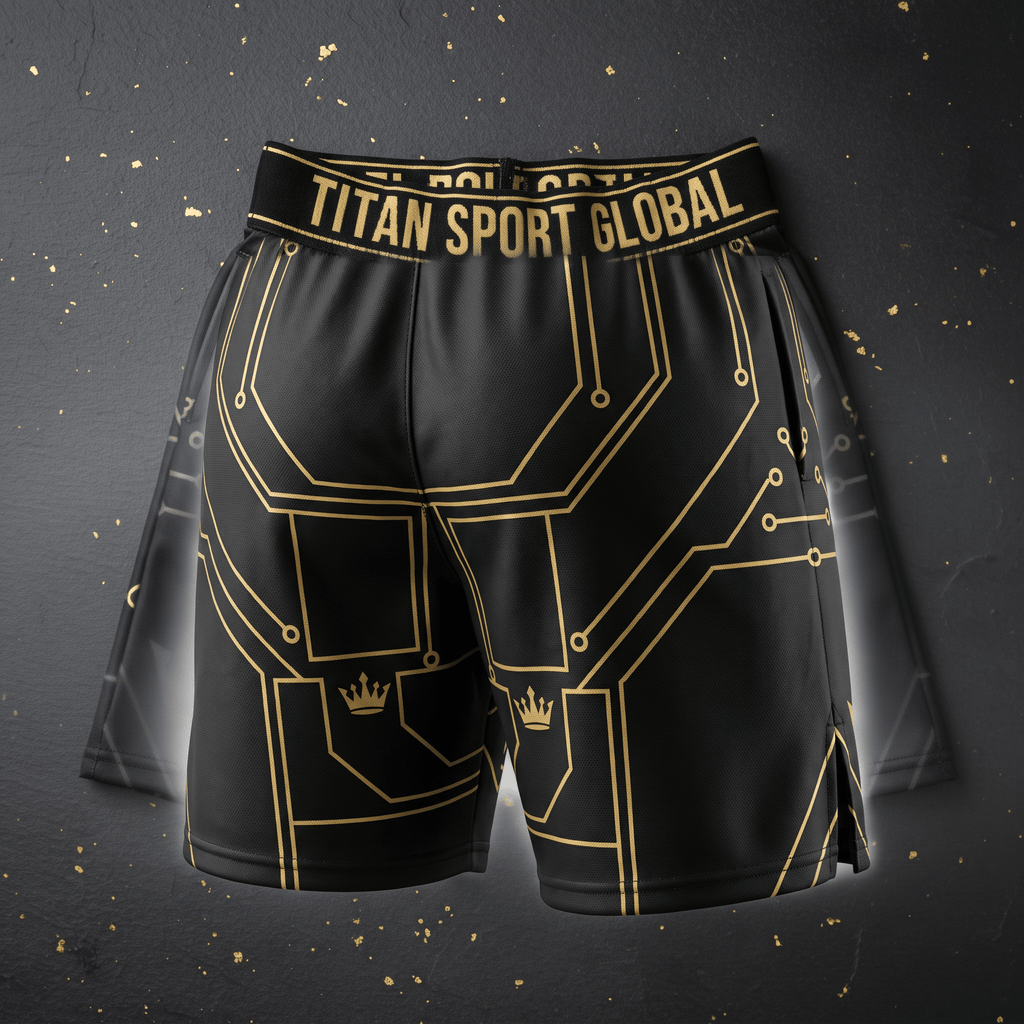 Black athletic shorts with gold circuit board pattern and Titan Sport Global waistband.