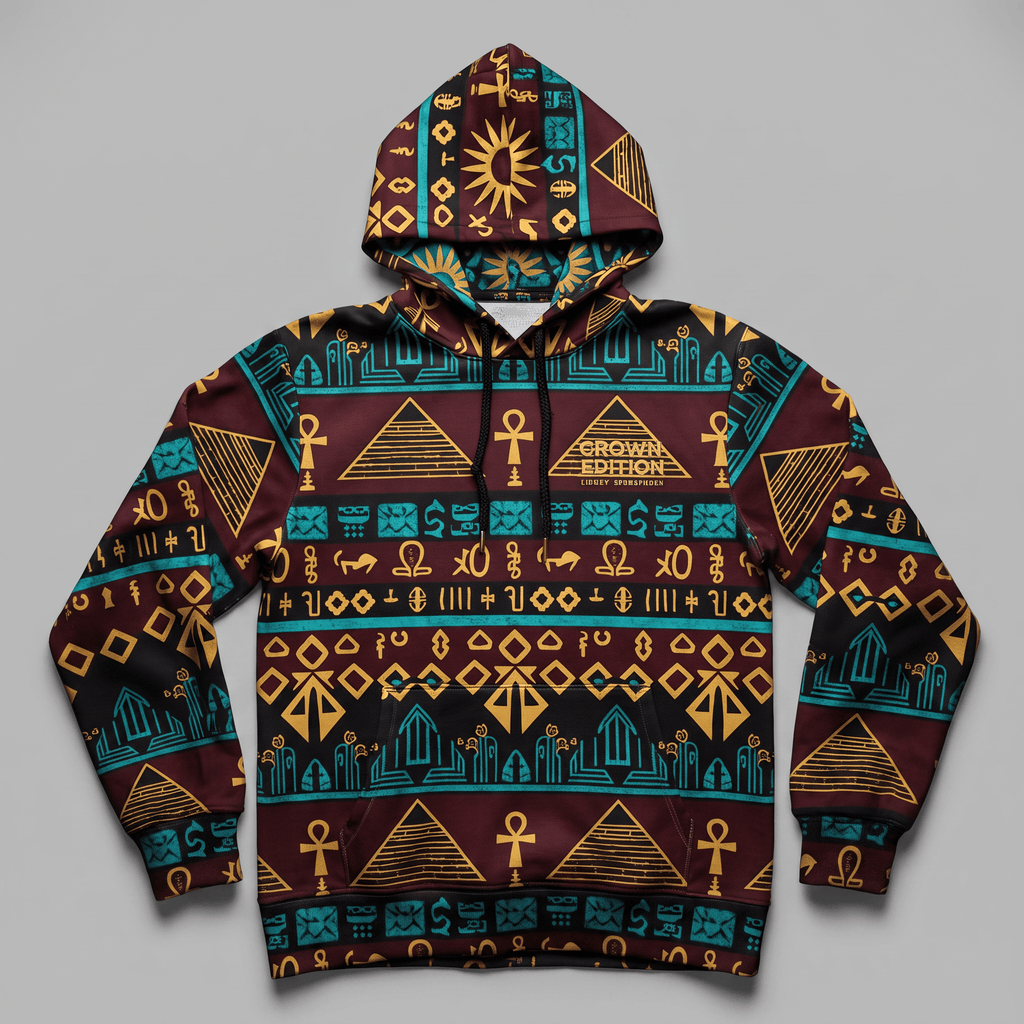Maroon hoodie with Egyptian hieroglyphs, pyramids, and ankh symbols in gold and turquoise on a light gray background.