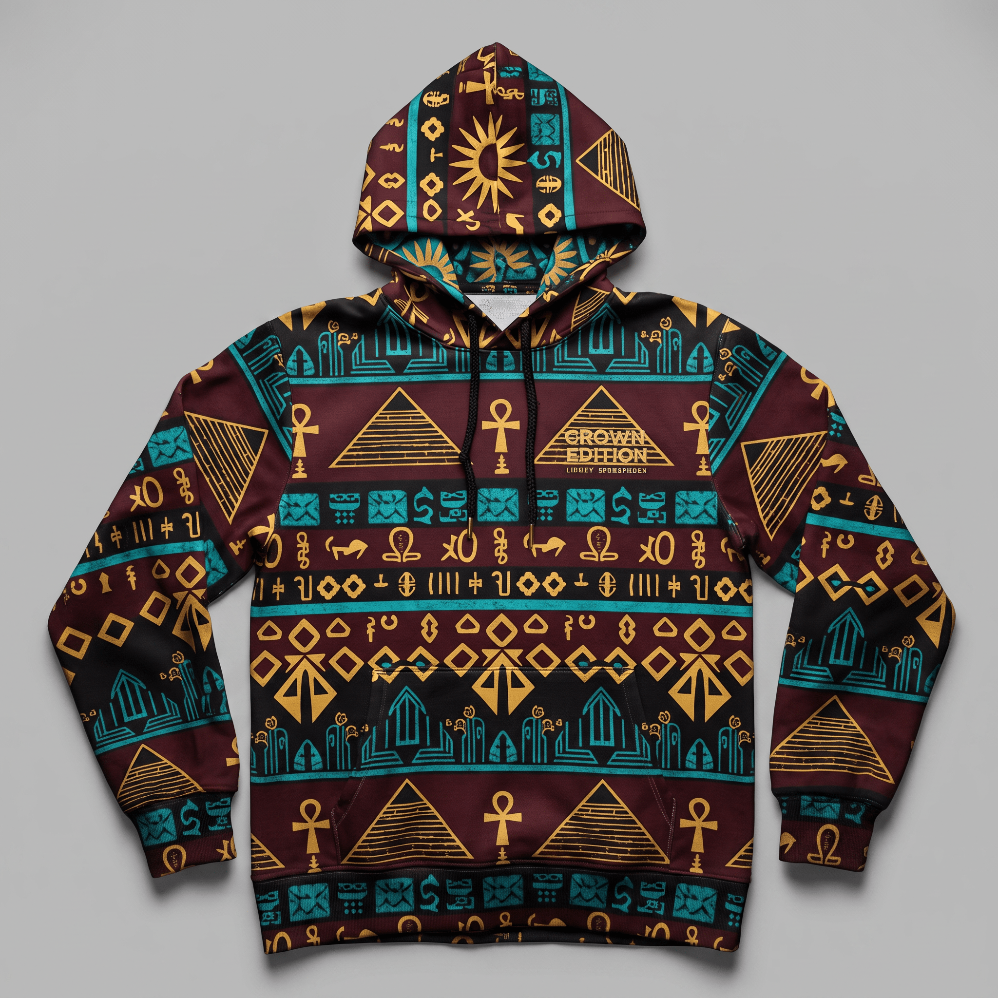 Maroon hoodie with Egyptian hieroglyphs, pyramids, and ankh symbols in gold and turquoise on a light gray background.