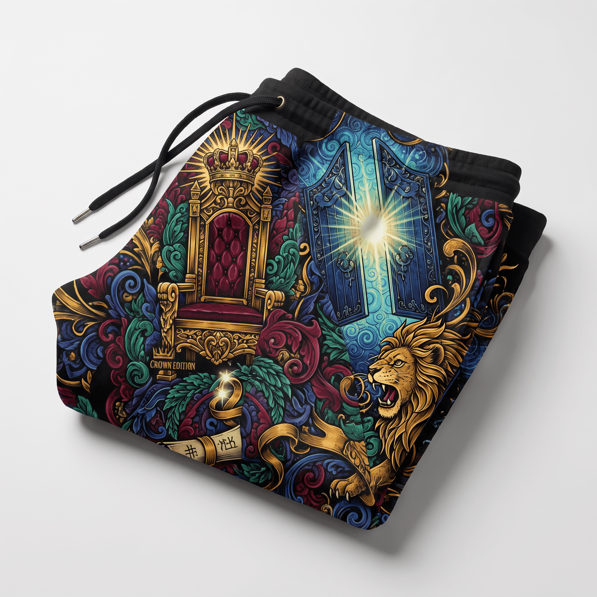 Folded black sweatpants featuring a colorful baroque print with a throne, open glowing doors, and a lion.
