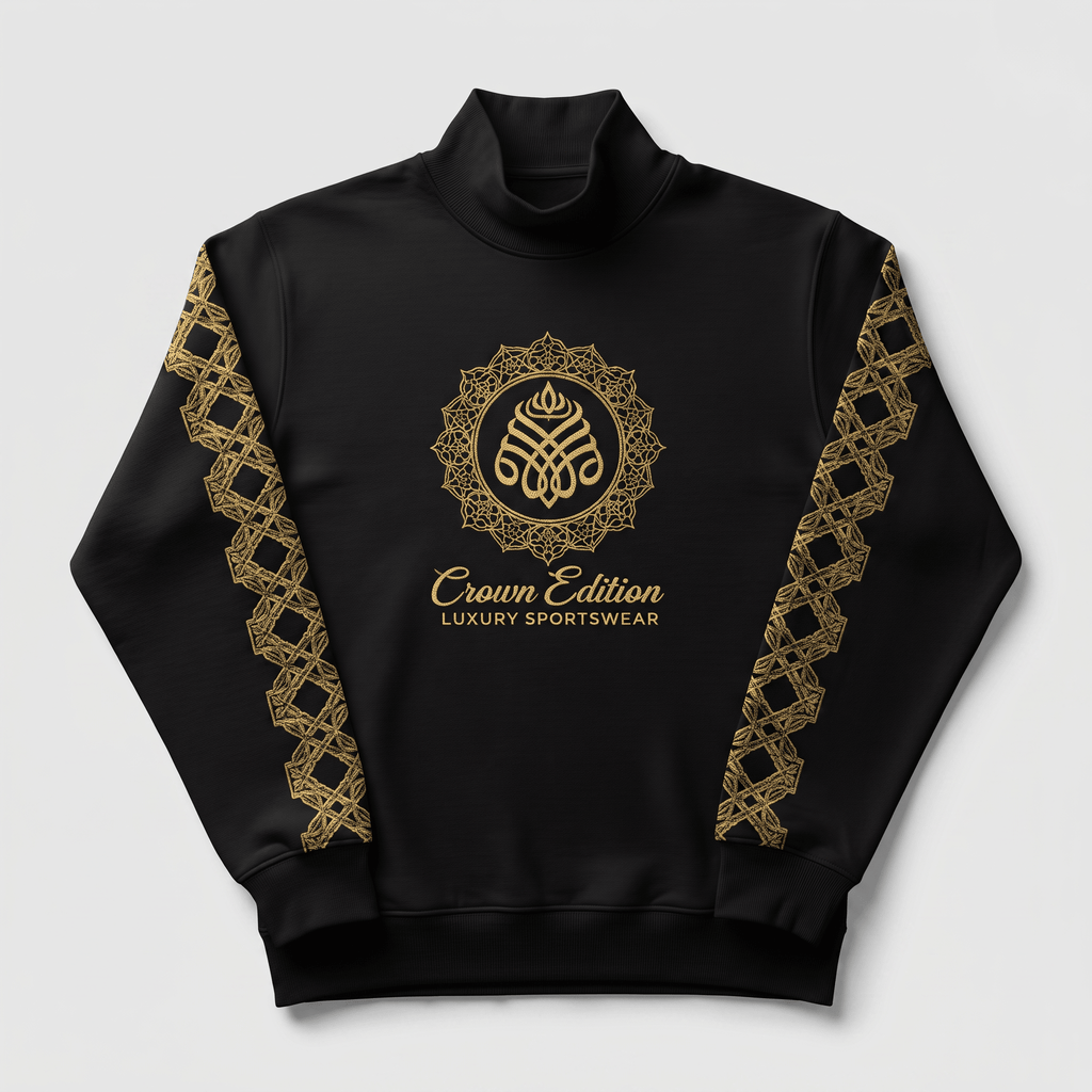 Black mock neck sweatshirt with gold Crown Edition logo on chest and ornate gold pattern down sleeves.