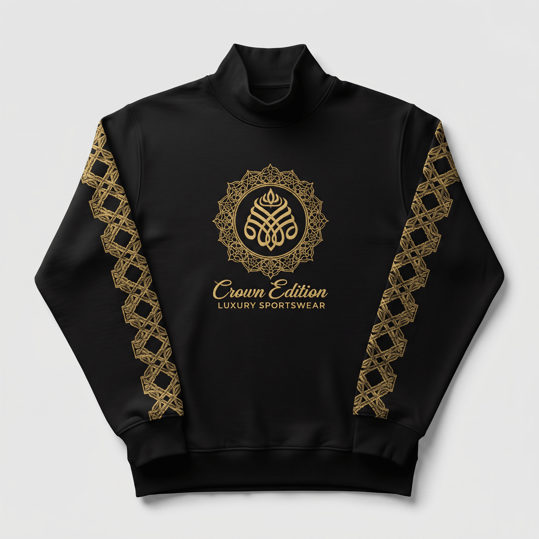 Black mock neck sweatshirt with gold Crown Edition logo on chest and ornate gold pattern down sleeves.