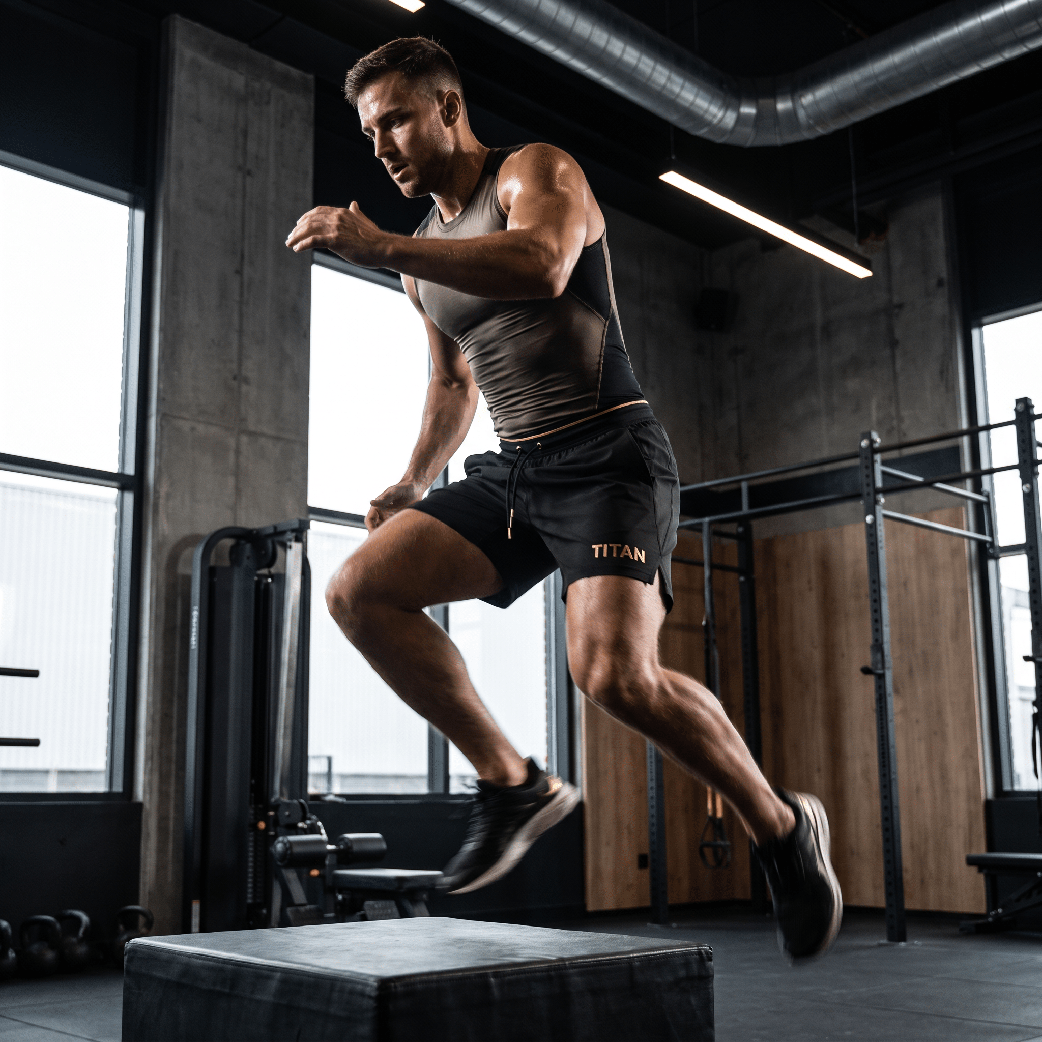 Athlete in black TITAN mesh shorts and grey tank top performs a box jump in a gym.
