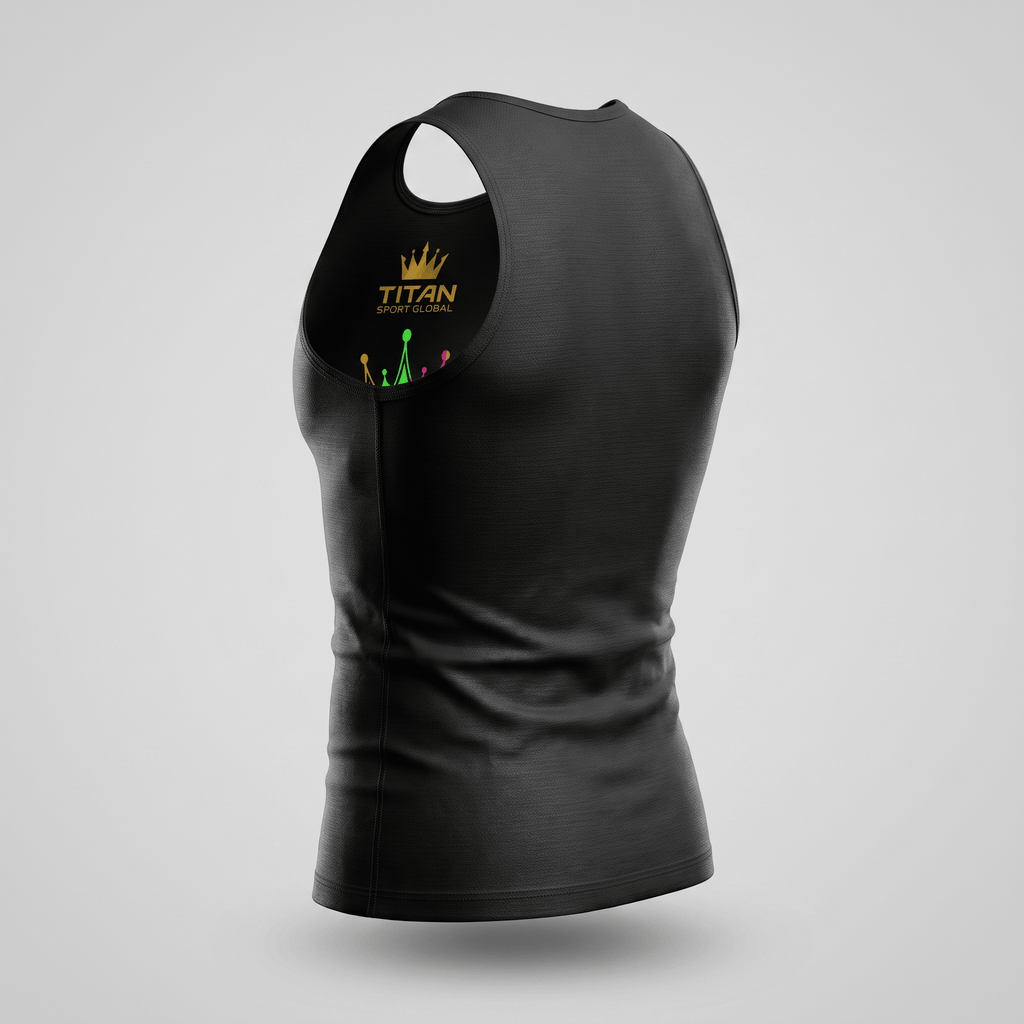Back view of a plain black athletic tank top showing the inner Titan Sport Global logo.