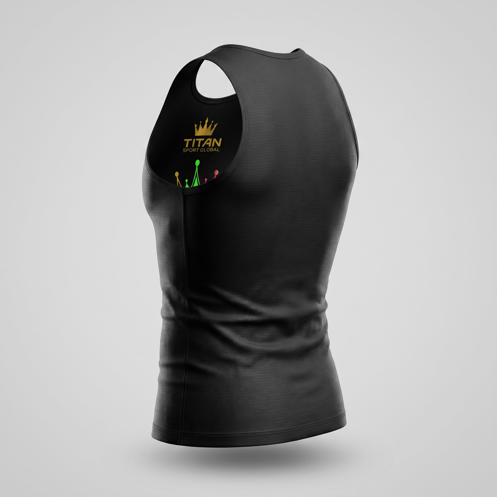 Back view of a black athletic tank top with a Titan Sport Global logo printed on the inside back collar.