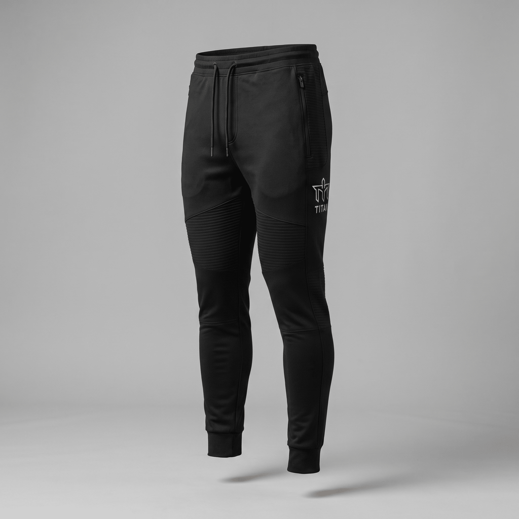Black athletic joggers with ribbed knee panels, zippered pockets, and a white Titan logo on a grey background.