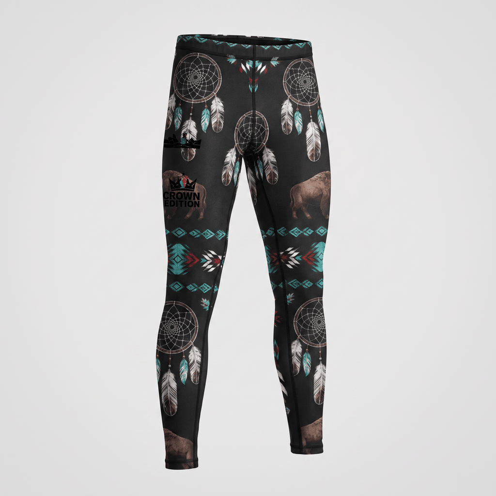 Black compression leggings with dreamcatcher, buffalo, and native pattern print.