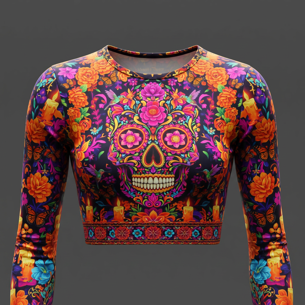 Long-sleeve crop top featuring a vibrant floral sugar skull print in multicolor against a black background.