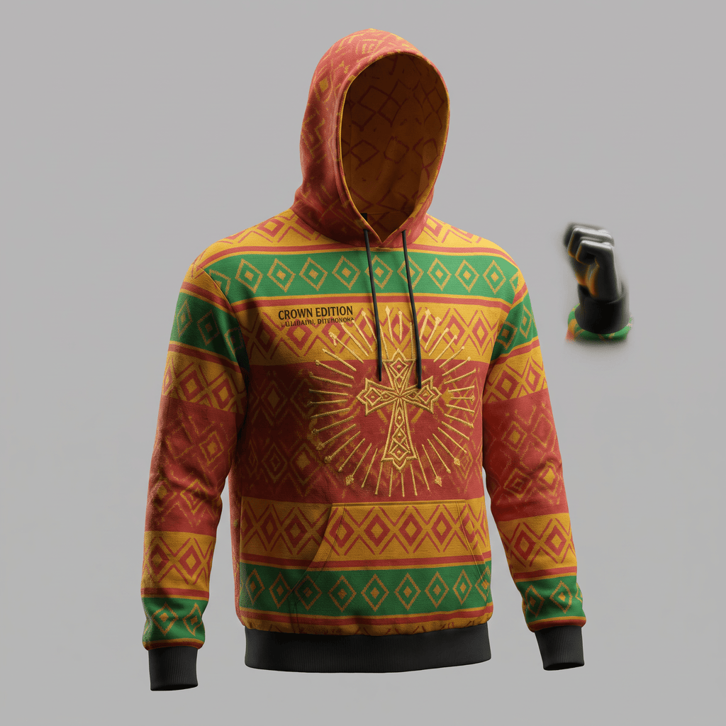 Red, yellow, and green patterned hoodie featuring a central cross design and Crown Edition text.