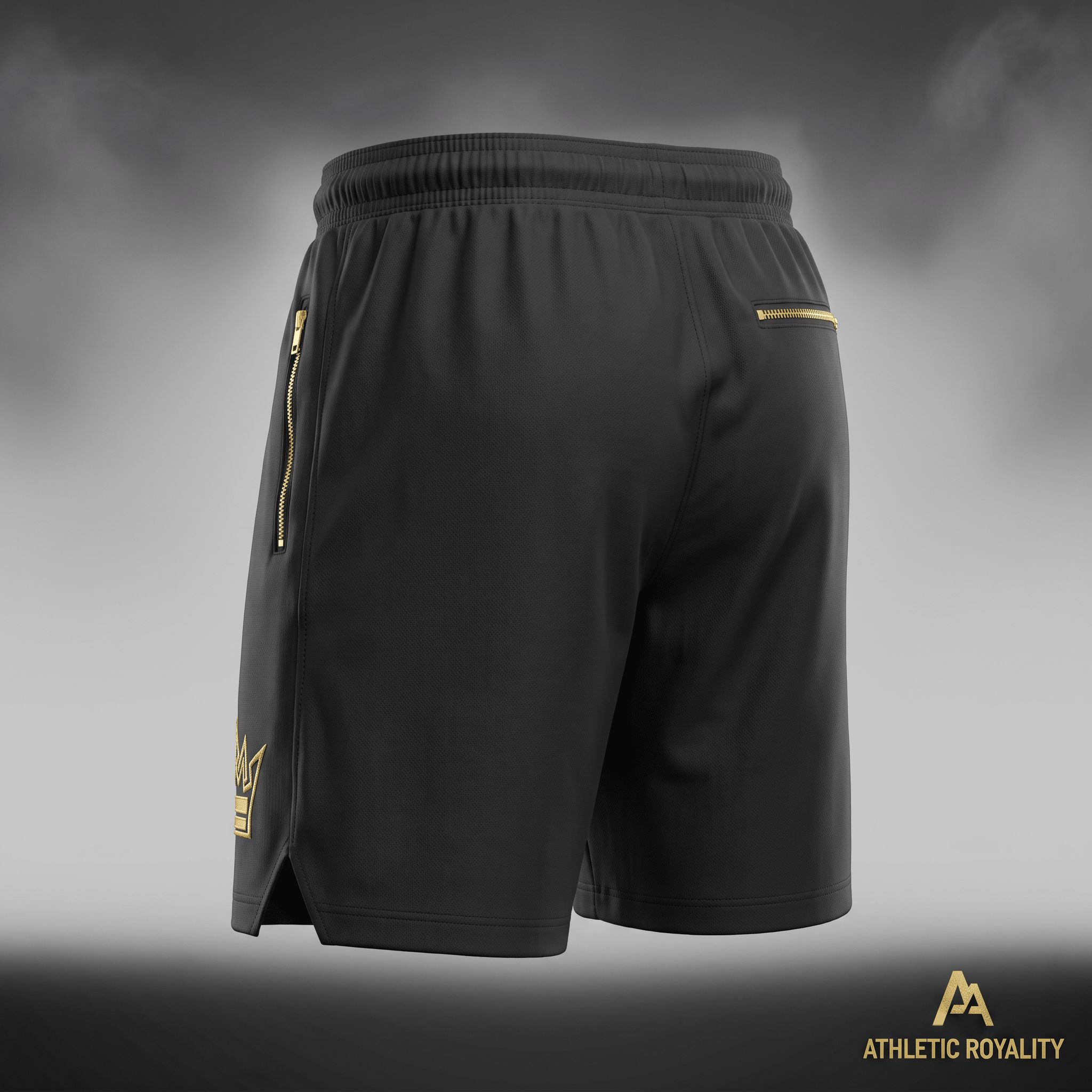 Back view of black Athletic Royality athletic shorts with gold zippers and a gold crown logo.