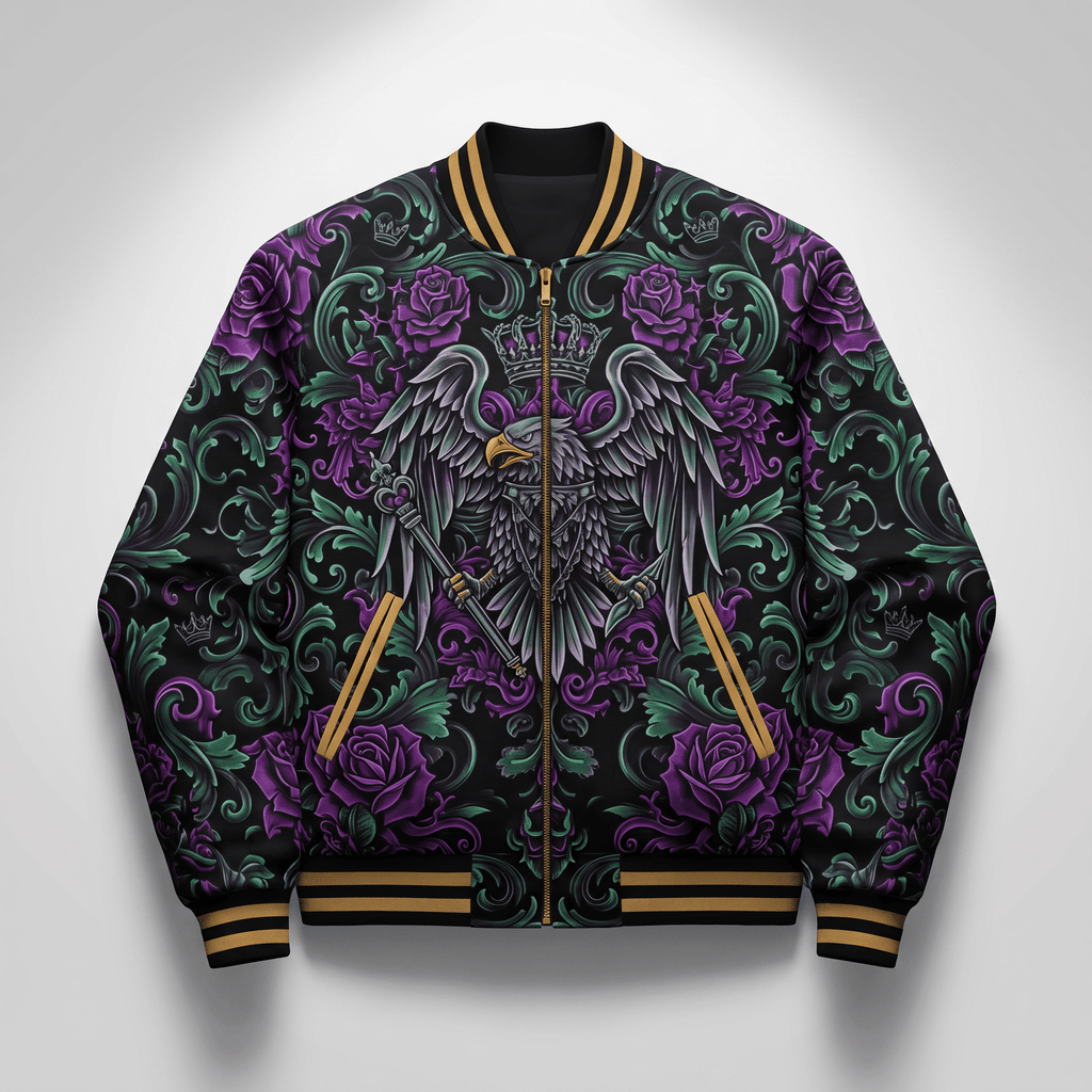 Black bomber jacket featuring a purple rose, crown, and eagle graphic with green filigree and gold trim.