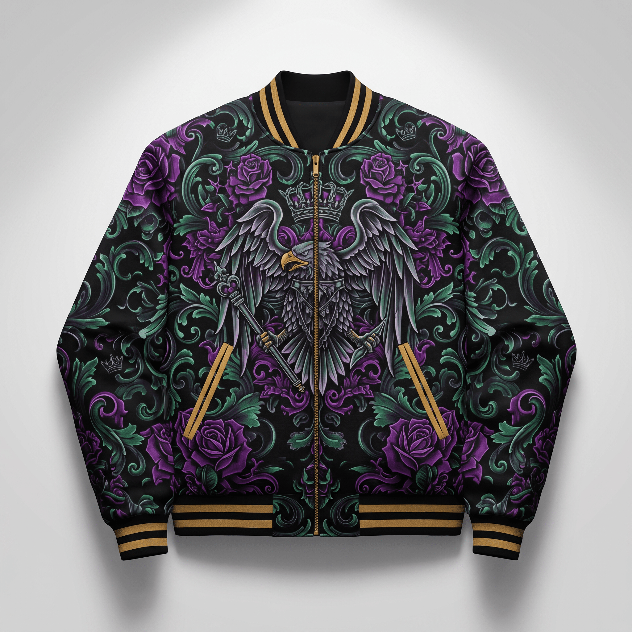 Black bomber jacket featuring a purple rose, crown, and eagle graphic with green filigree and gold trim.