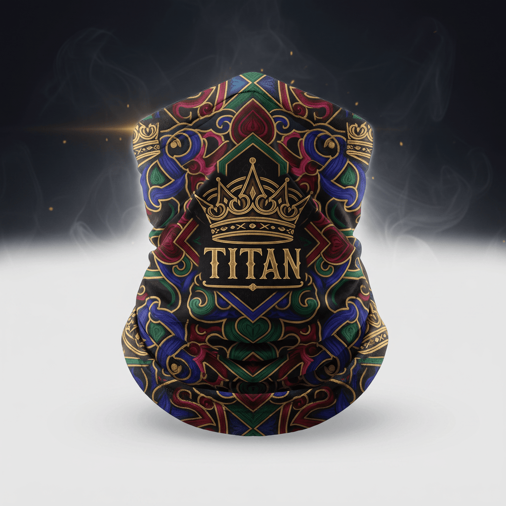 Multicolor neck gaiter featuring an ornate baroque pattern with a gold crown and TITAN text.