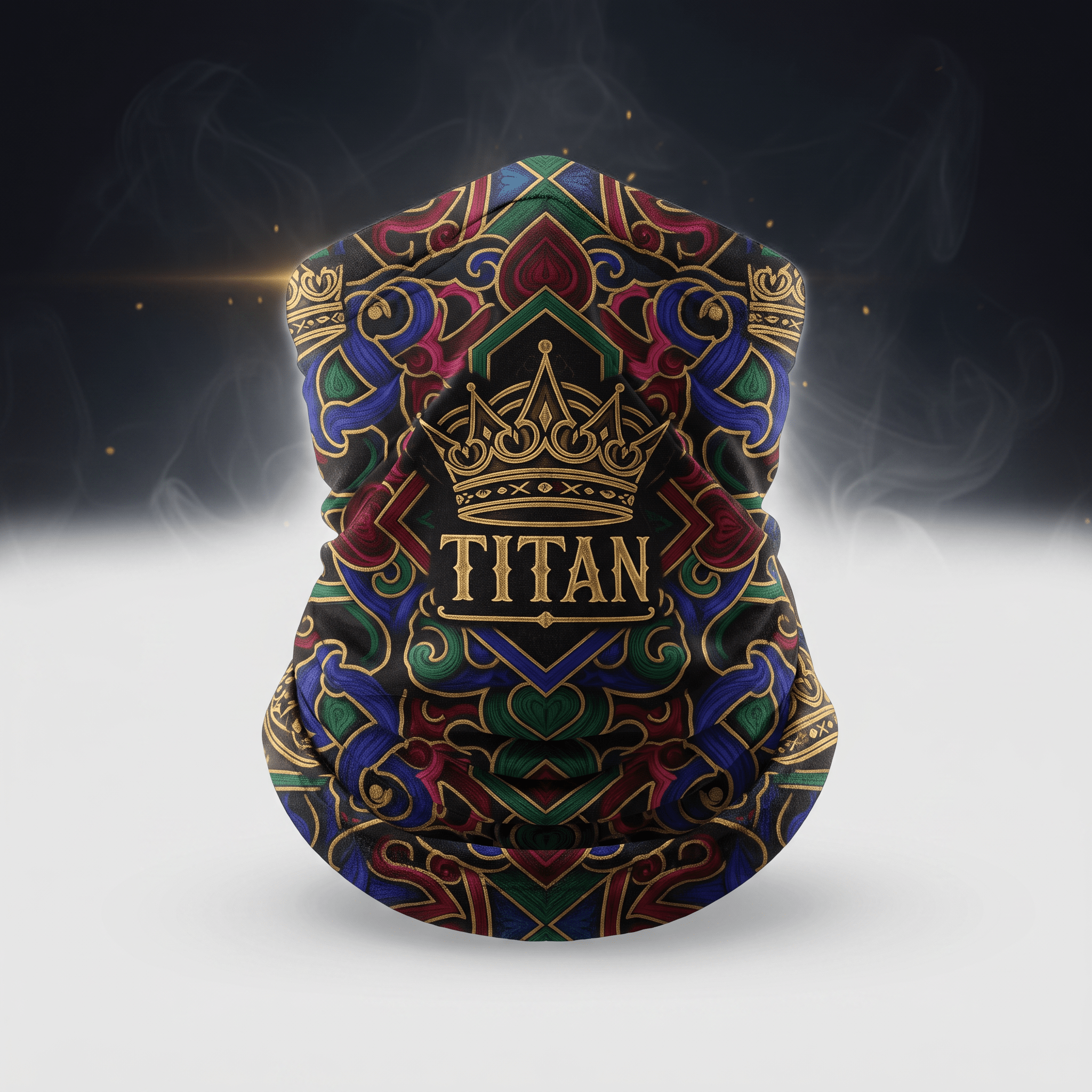 Multicolor neck gaiter featuring an ornate baroque pattern with a gold crown and TITAN text.
