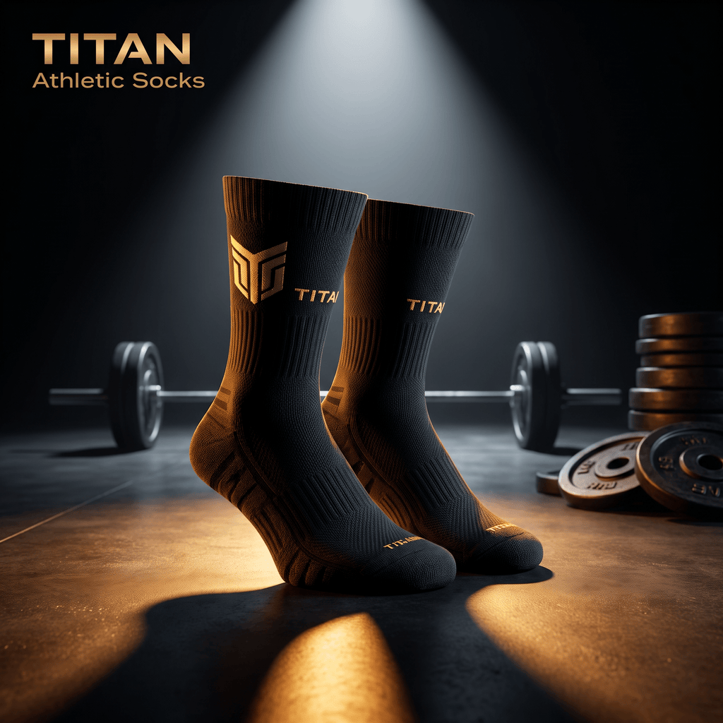 Black Titan athletic socks with gold branding, displayed in a spotlight against a gym background with weights.