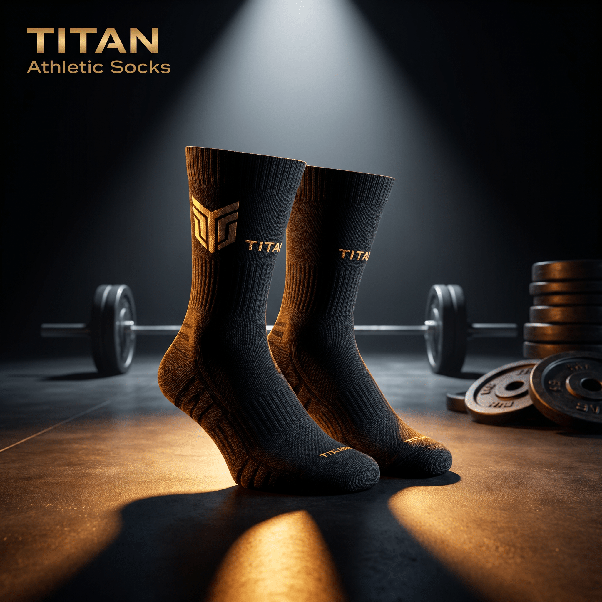 Black Titan athletic socks with gold branding, displayed in a spotlight against a gym background with weights.