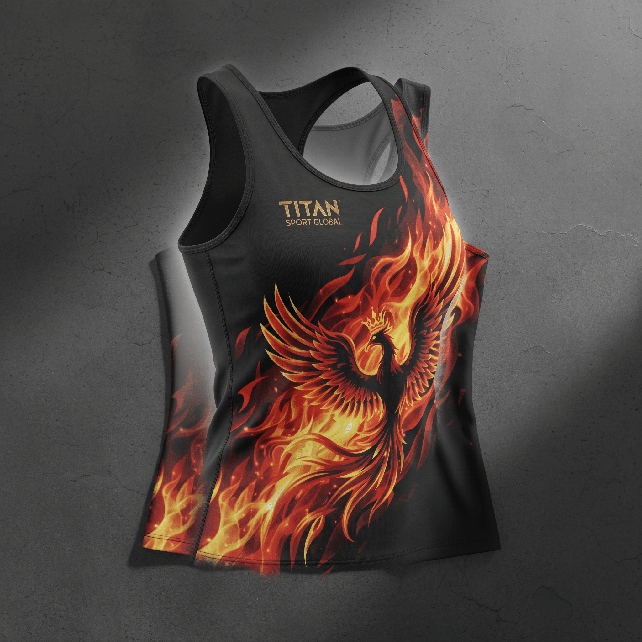 Black athletic tank top featuring a vibrant red and orange phoenix and flame graphic design.
