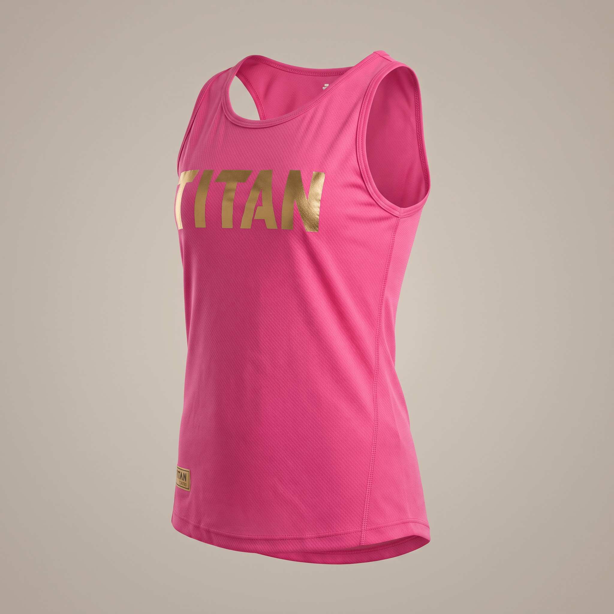 Hot pink athletic tank top with metallic gold Titan logo on the chest.