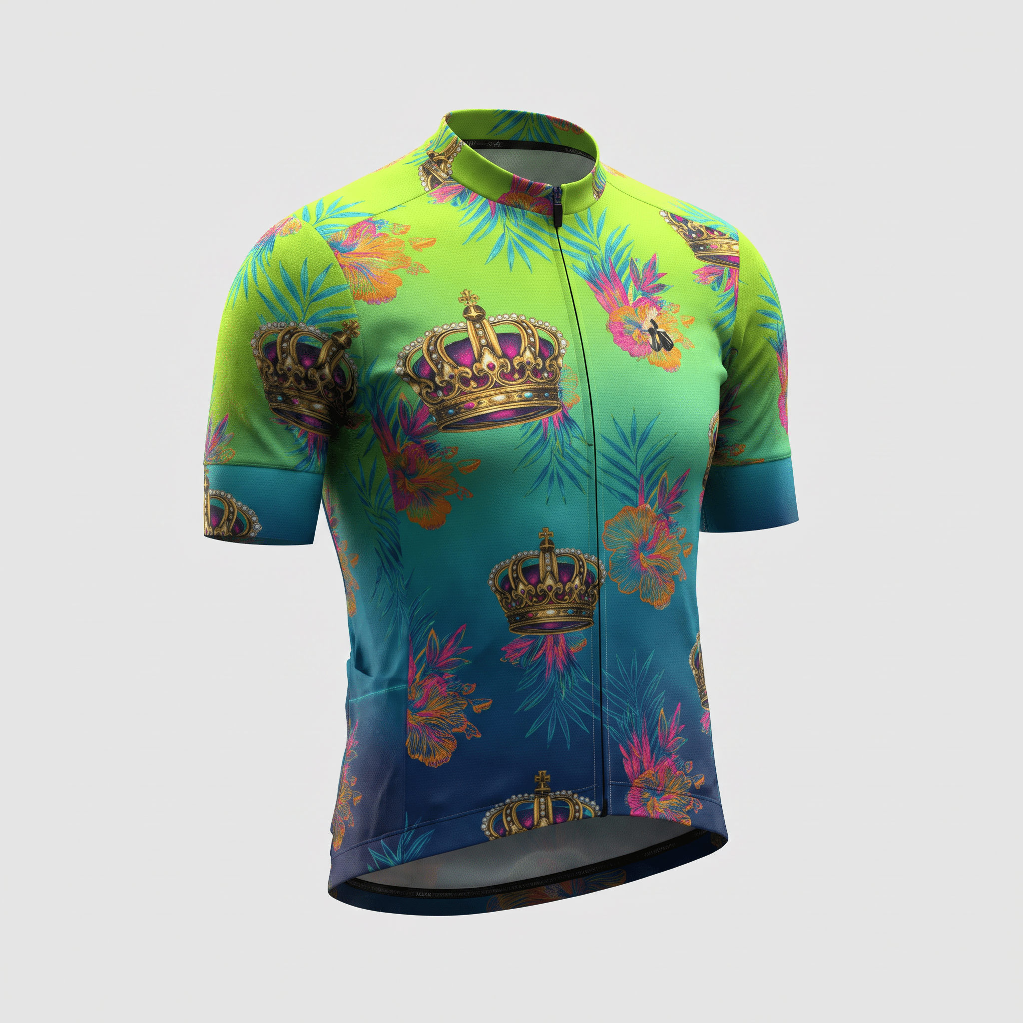 Green and blue cycling jersey featuring a vibrant tropical flower and golden crown allover print pattern.