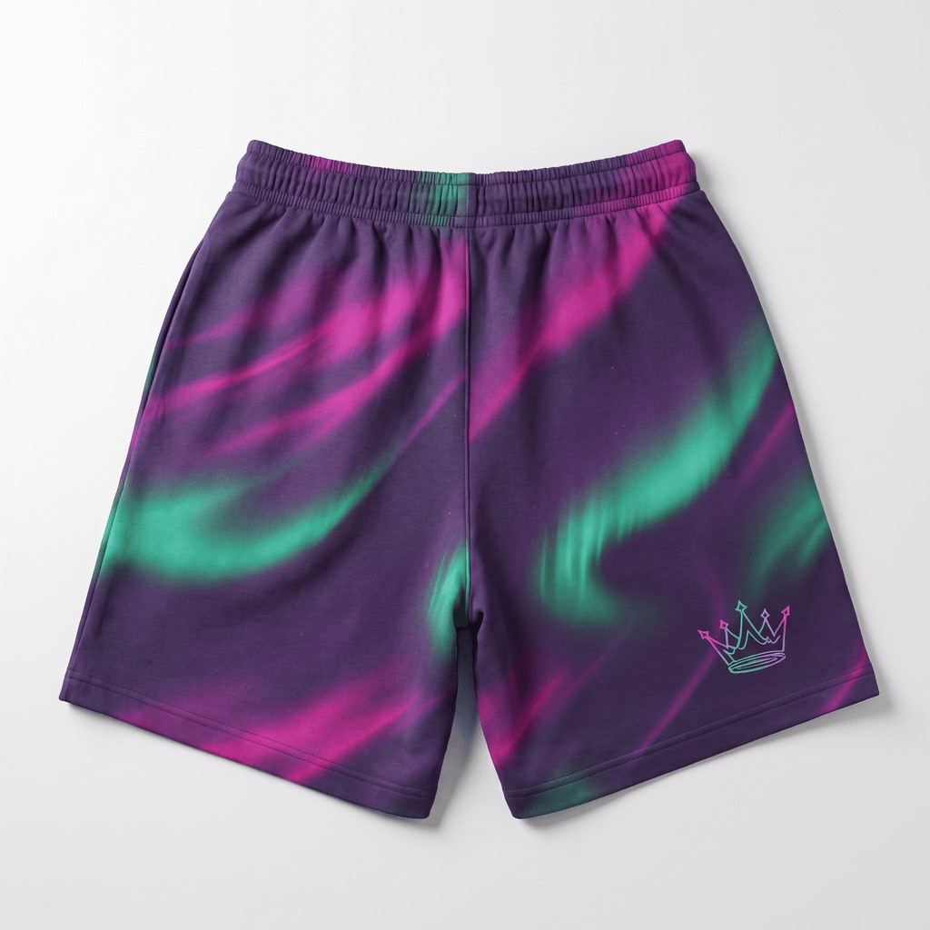 Purple and green aurora borealis print athletic shorts with a pink crown logo on the leg.