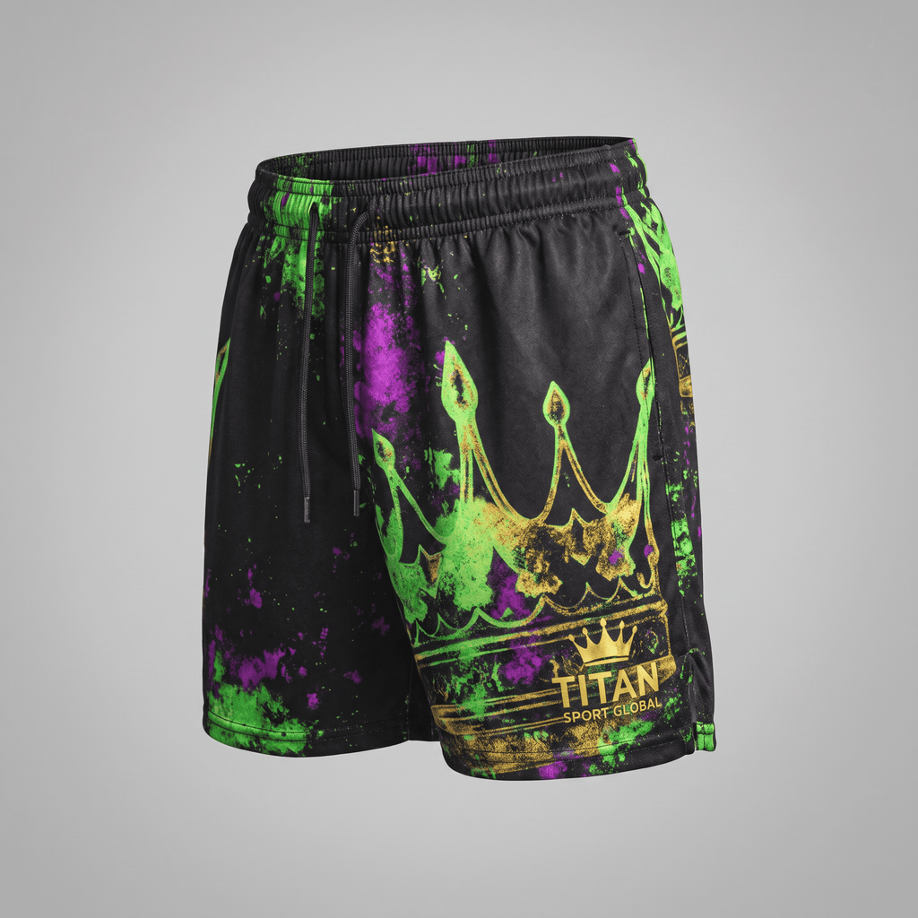 Black athletic shorts with neon green and purple paint splatters, a large gold crown graphic, and Titan Sport Global logo.