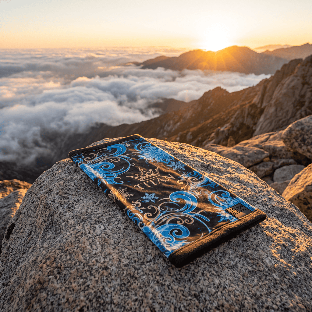 Black neck gaiter with blue and gold swirl and snowflake pattern, featuring a gold "TITAN" crown logo on a mountaintop.