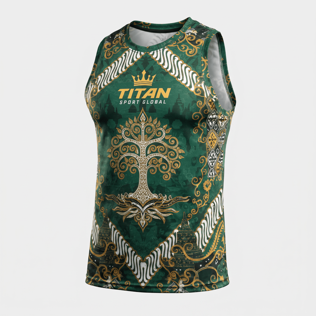 Green Titan Sport Global tank top featuring ornate gold tree and batik-style patterns.