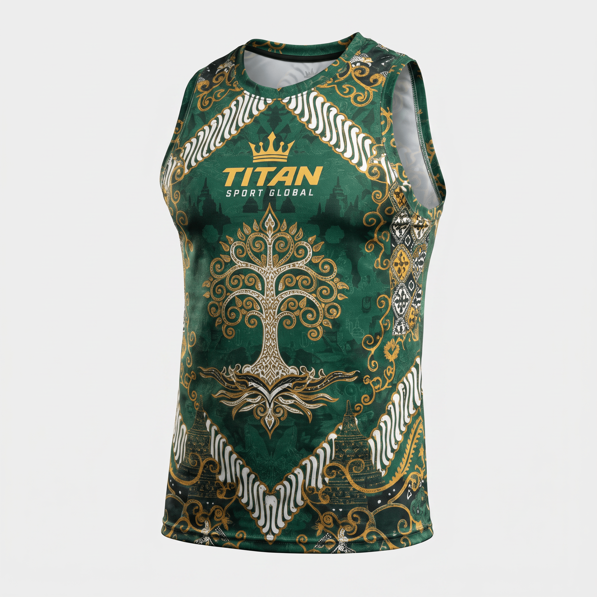 Green Titan Sport Global tank top featuring ornate gold tree and batik-style patterns.