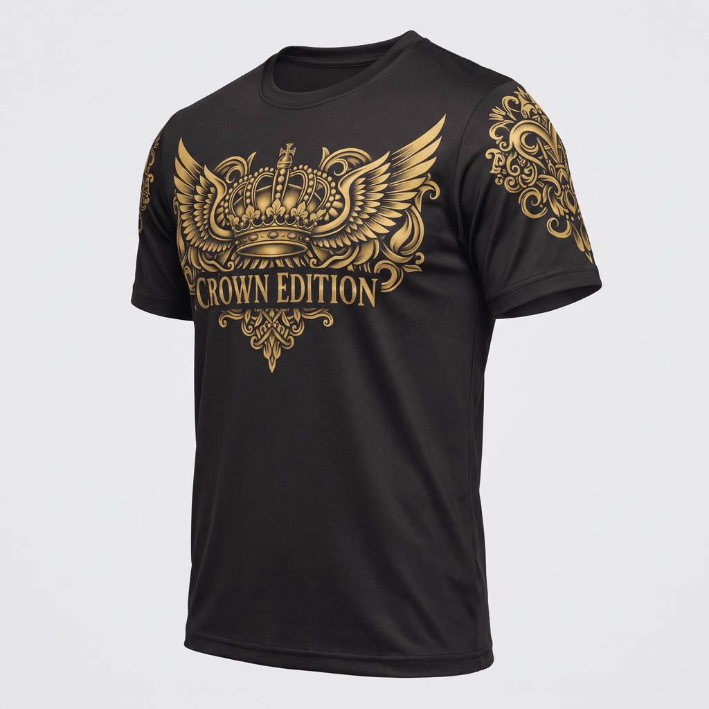Black t-shirt featuring metallic gold crown and wings graphic with Crown Edition text and ornate sleeve designs.