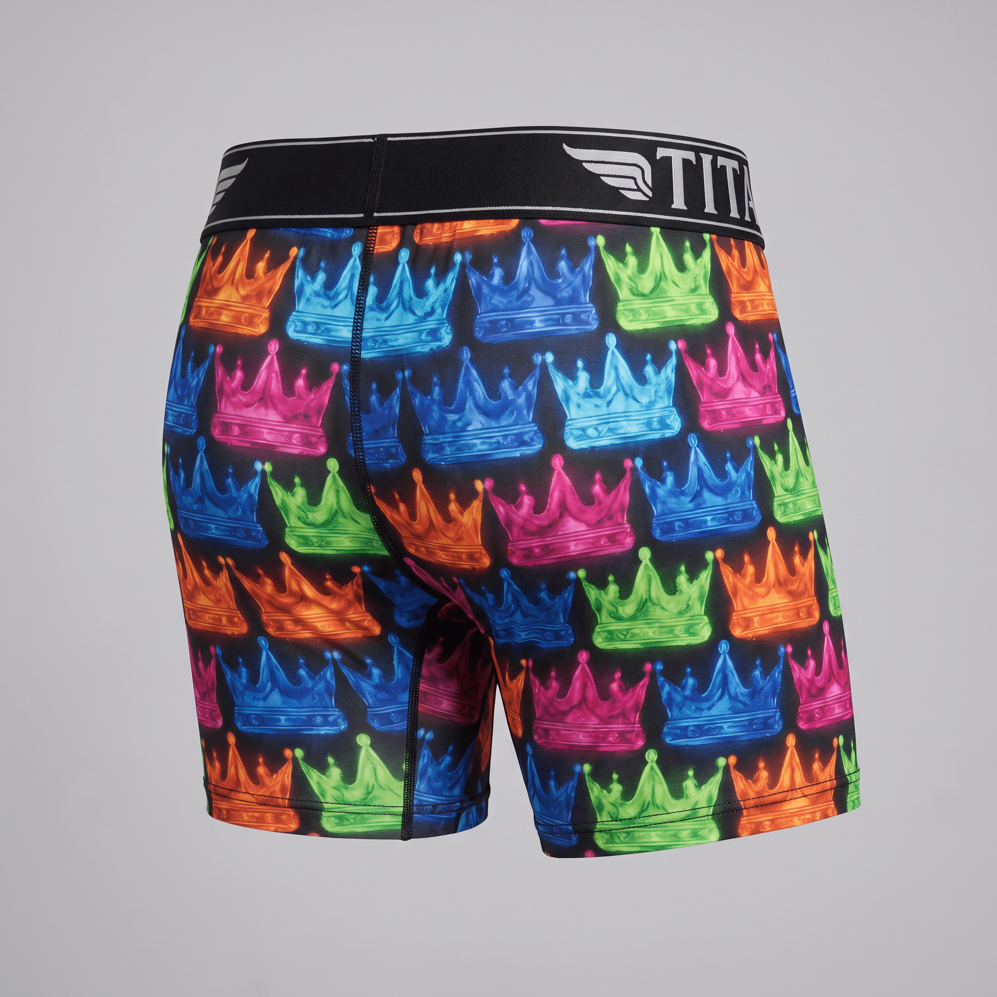 Back view of colorful neon crown print boxer brief underwear with black branded waistband.