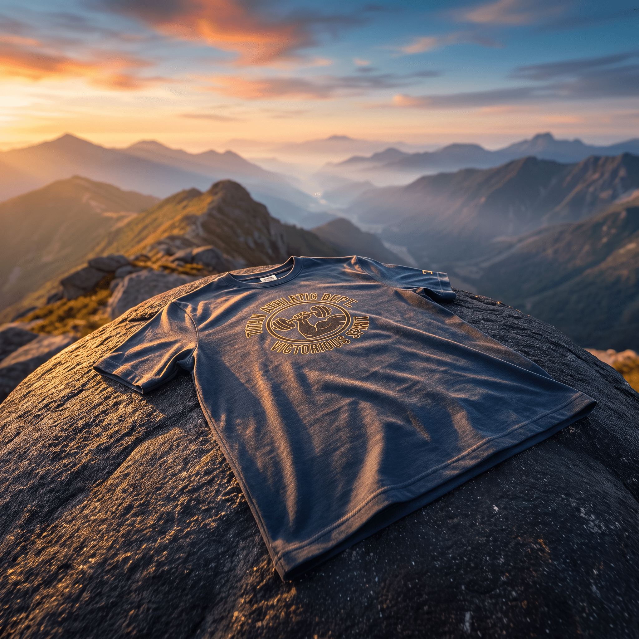 Charcoal grey athletic t-shirt with gold graphic of a flexed arm and dumbbell on a mountain peak at sunset.