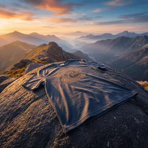Charcoal grey athletic t-shirt with gold graphic of a flexed arm and dumbbell on a mountain peak at sunset.